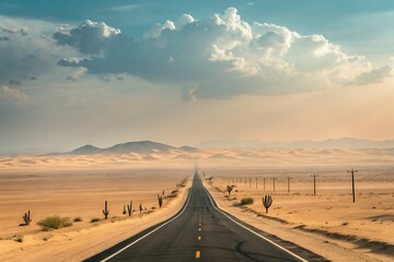 A solitary desert highway stretching towards a dramatic, cloud-filled sky, promising adventure and the open road under a warm, hazy sun.