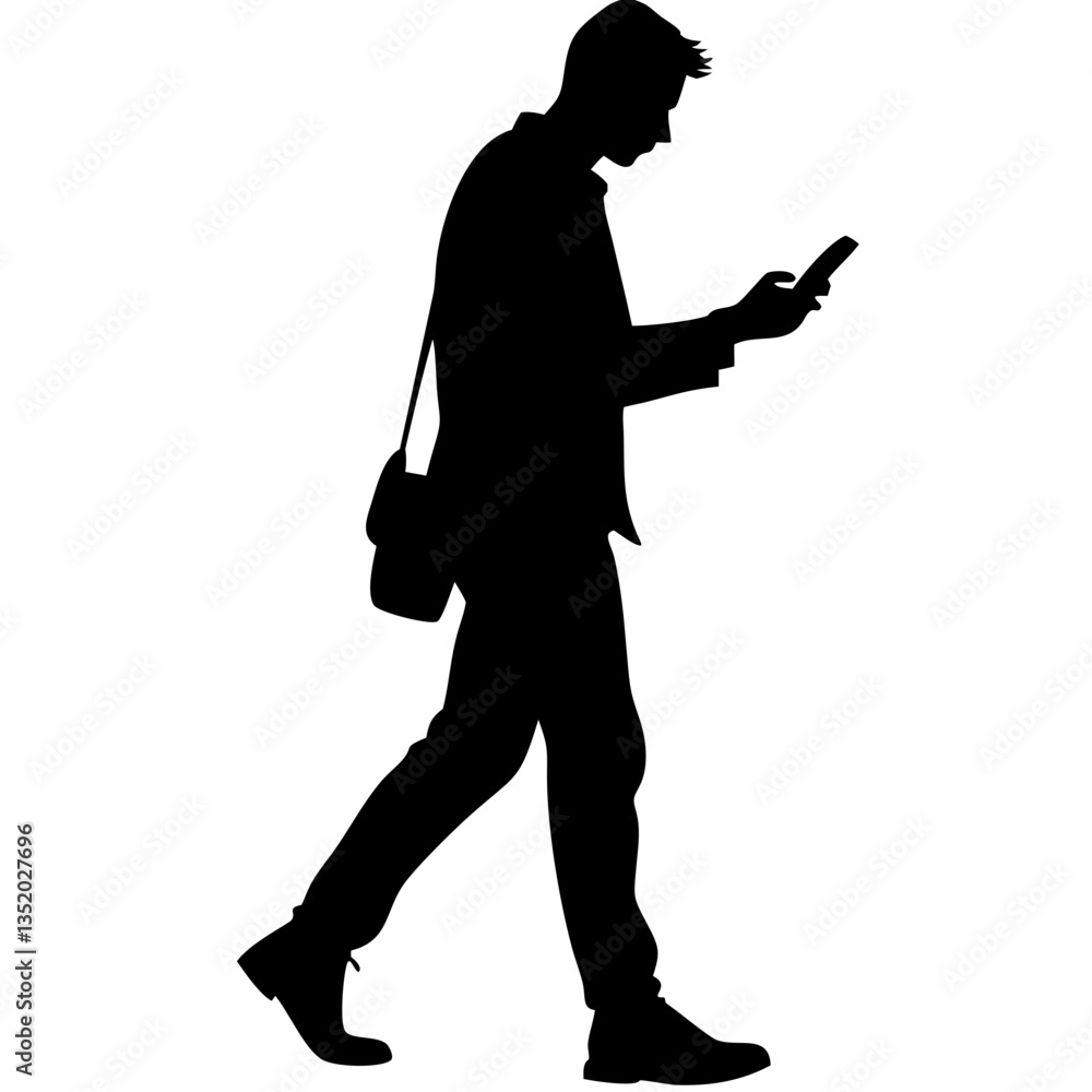 Poster silhouette of a man walking while texting for digital and print media projects