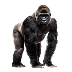 Fototapeta premium A robust, well-muscled gorilla with a thick dark grey-black coat and broad head stands in a realistic side-view portrait, full body on a white background, with deep-set dark eyes and a calm, powerful 