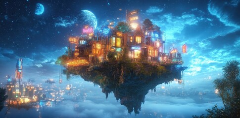 Obraz premium A glowing fantasy city floats above a cloudy night landscape