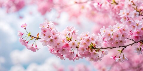 Fototapeta premium Delicate pink cherry blossom tree branches in full bloom against a soft white cloudy background , blossom tree, tree