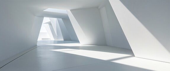 Fototapeta premium A spacious interior features sharp geometric shapes and bright white surfaces. Natural light filters through the angles, creating an airy and tranquil atmosphere, ideal for contemplation