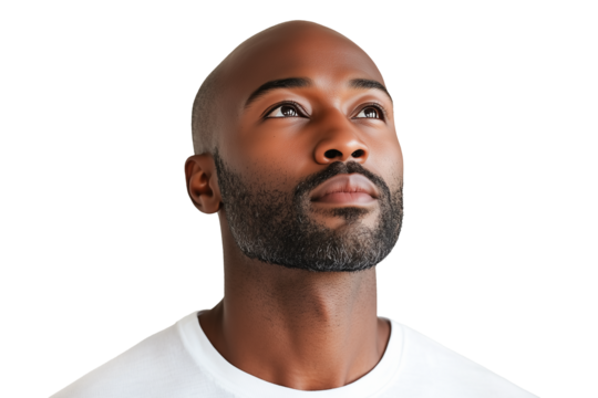 A confident young african american man looking up with a hopeful expression isolated on a transparent background. PNG file.