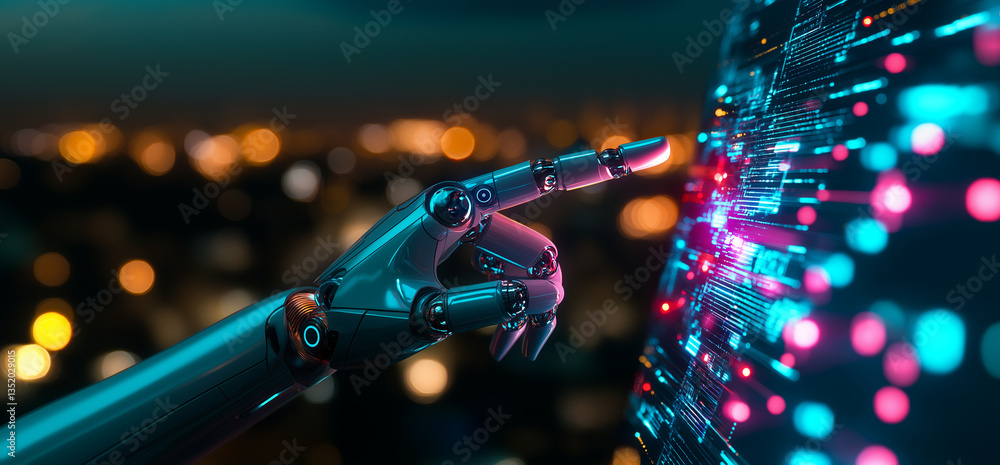 Poster robotic hand is reaching out and interacting with digital interface, showcasing vibrant lights and d
