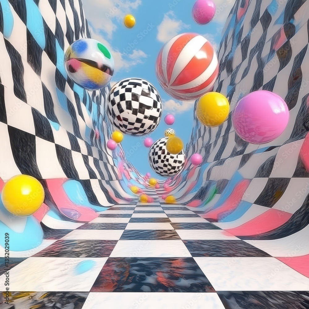 Poster colorful spheres float within a checkerboard patterned surreal pathway