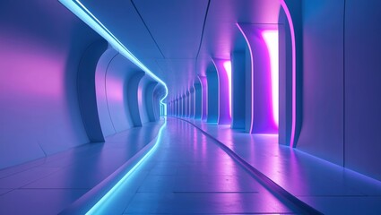 A long, smooth corridor features walls illuminated by vibrant neon lights. The minimalist architecture creates a serene atmosphere, drawing the eye to the distant exit lit in soft hues