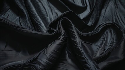Fototapeta premium Soft black fabric cascades in intricate folds, creating a striking visual contrast against a subtle background. The interplay of light and shadow enhances the material's texture