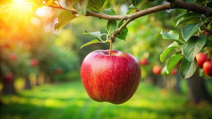A juicy red apple hangs from a branch of an ancient tree in the lush garden