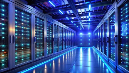 Fototapeta premium High-tech server room with rows of glowing LED lights illuminating rows of server racks and cabinets in a modern data center , digital infrastructure, computer equipment