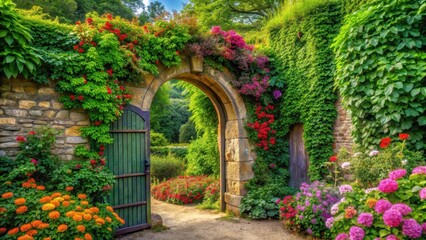 Obraz premium Ancient stone gate surrounded by lush green ivy and vibrant colorful flowers in a serene natural setting, overgrown foliage, ancient architecture