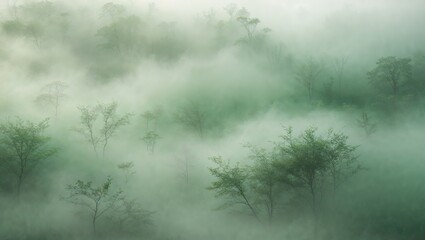Obraz premium Morning fog envelops a lush green landscape, with silhouettes of trees emerging softly from the mist, creating a calm and serene environment. The scene invites reflection and peace
