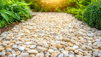 Sunny garden path, pebble stones, lush greenery, tranquility, landscaping design