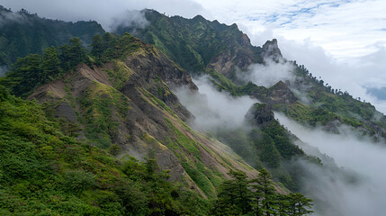 Misty mountain landscape, steep slopes, lush vegetation, clouds swirling around peaks; ideal for travel brochures
