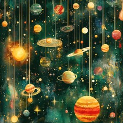 An artistic depiction of stylized planets hanging in the cosmos
