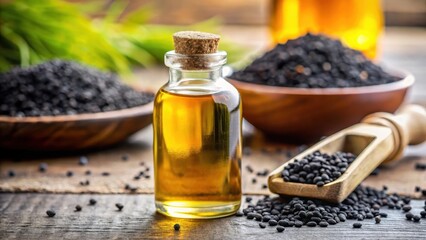 Close-up of black cumin oil bottle on table with selective focus