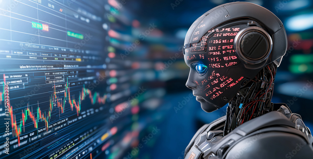 Poster futuristic robot with digital features observes stock market data screen, showcasing advanced techno