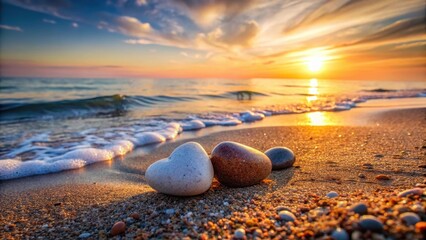 Obraz premium Two heart-shaped stones nestled among beach pebbles and seaweed on a vast sandy shoreline at dawn, with soft morning light illuminating the scene , ocean landscape, seaweed