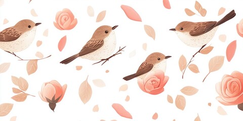 Fototapeta premium Whimsical flat 8 wrens with rosebuds