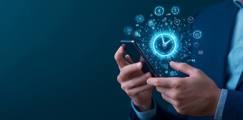 businessman holding smartphone with digital icons and symbols representing technology, finance, and communication emerging from device, conveying sense of innovation and connectivity