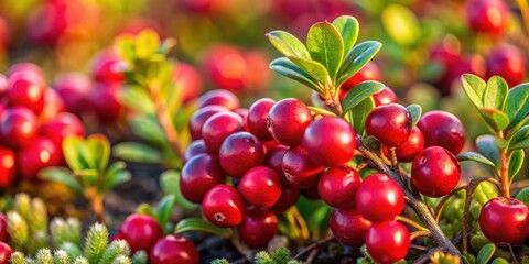Obraz premium Close-up of vibrant red cowberries growing in the tundra, flora, cowberry, flora, cowberry, greenery, outdoors