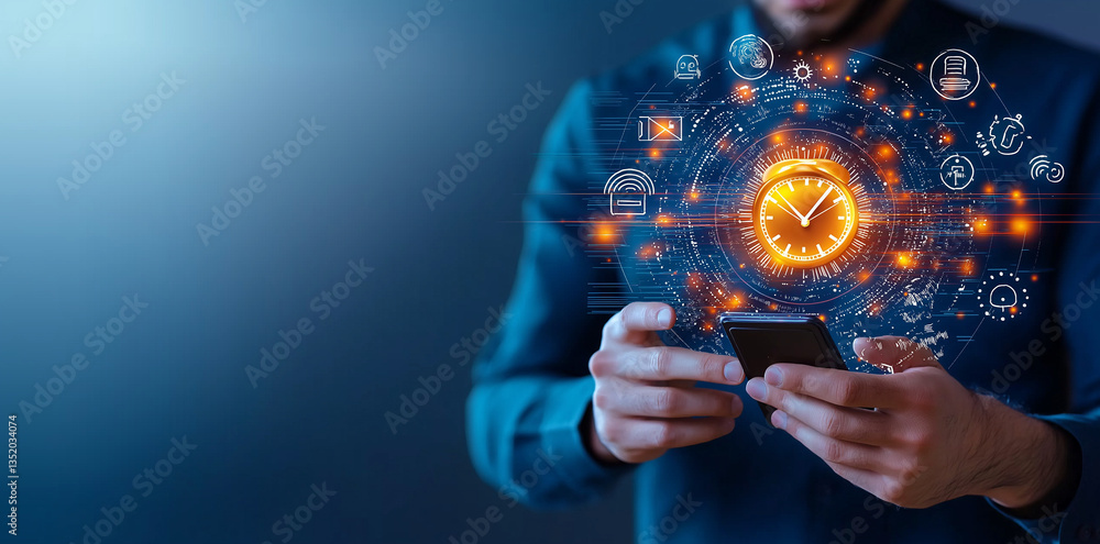 Poster businessman is using mobile phone, surrounded by digital icons and glowing clock, symbolizing time m