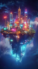 Obraz premium A vibrant futuristic floating city with colorful lights in the sky