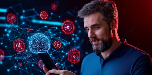 businessman is engaged with mobile phone, surrounded by digital elements like clocks and network graphics, reflecting modern, tech savvy atmosphere