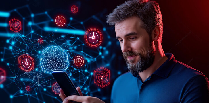 businessman is engaged with mobile phone, surrounded by digital elements like clocks and network graphics, reflecting modern, tech savvy atmosphere