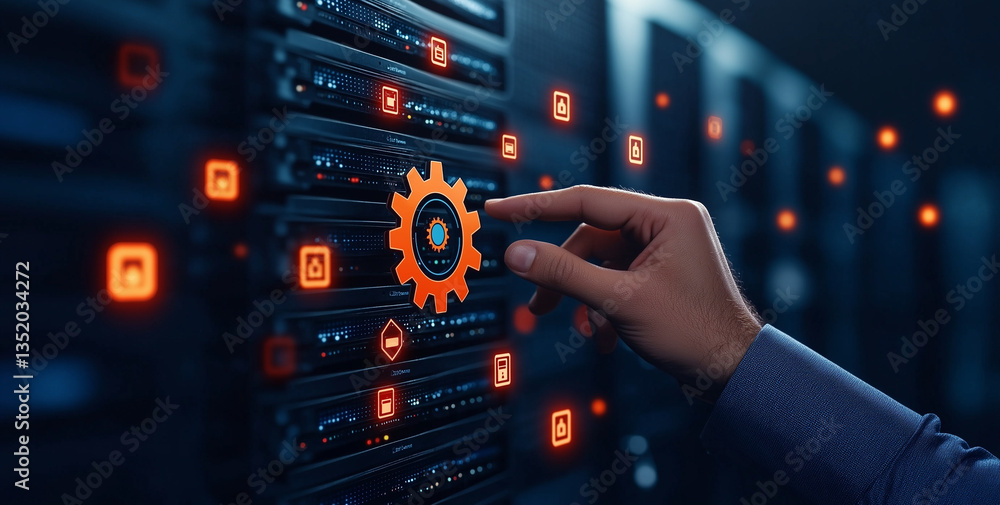 Poster businessman is interacting with digital interface, touching gear icon on server rack, symbolizing te