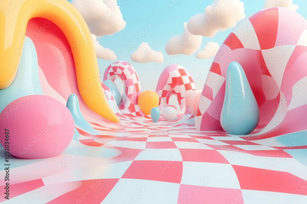 Poster a colorful abstract landscape with geometric forms and clouds