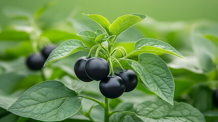 Black nightshade berries on plant, garden background, close-up shot, food ingredient