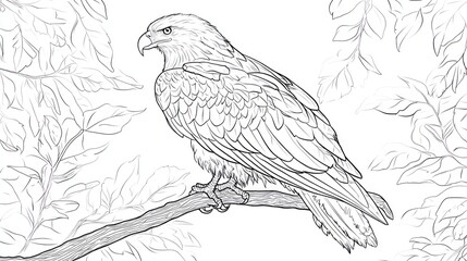 Eagle perched on branch, forest foliage background, wildlife illustration, coloring page