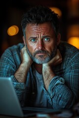 Frustrated Man at Desk Struggling with Laptop Overload Anxiety Stress Burnout Headache