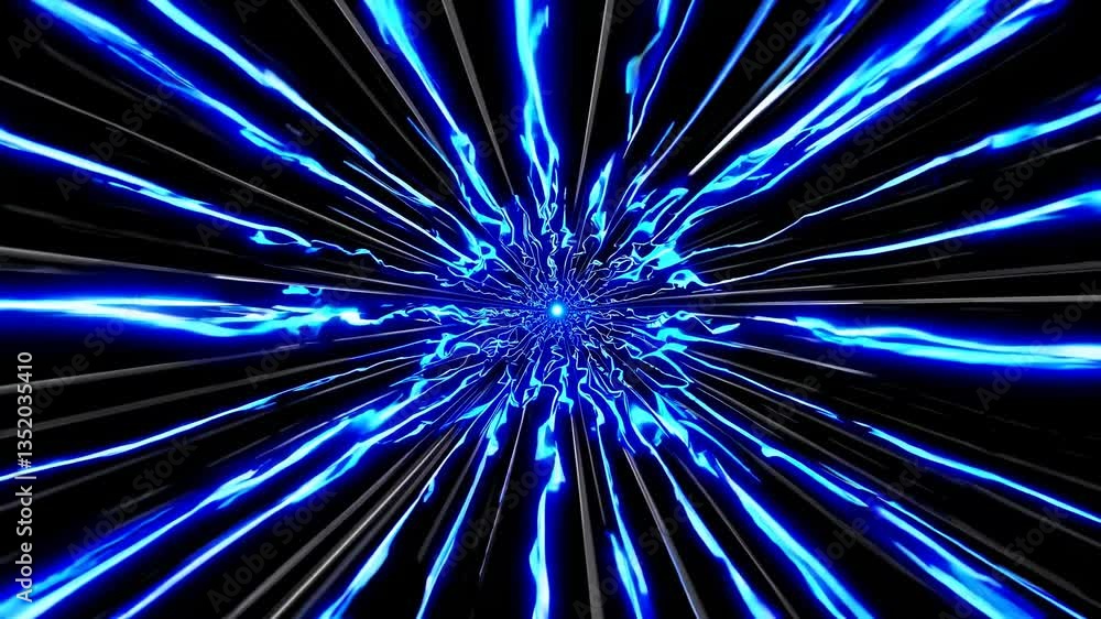 Poster dynamic blue light streaks radiate from a central point, creating a tunnel effect. the video uses a 