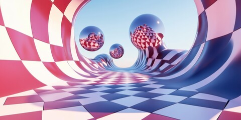 Fototapeta premium A checkered surreal landscape with spheres and an undulating path