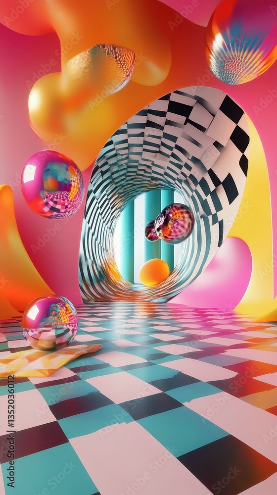 Poster a colorful abstract surrealist composition with floating spheres and forms