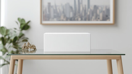 minimalist white box on glass table with city skyline in background, creating serene and modern atmosphere
