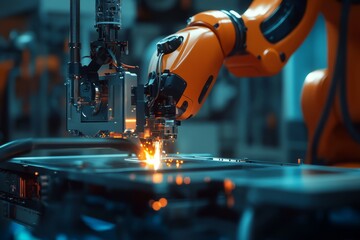 Industrial Robotic Arm Performing Precision Cutting in Modern Automated Manufacturing Facility