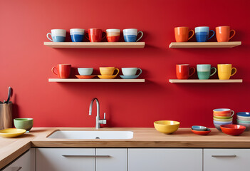 A contemporary red kitchen wall with floating shelves holding colorful ceramic mugs and bowls.