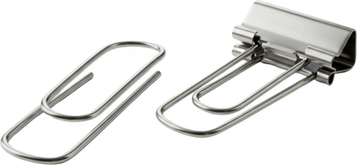 Close up shot of metallic paper clips and a binder clip isolated transparent background office supplies stationery