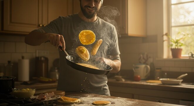 Man Flipping Pancakes in a Kitchen with Bright Window Light