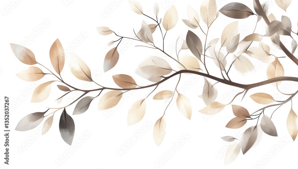 Poster illustration of a branch adorned with soft muted leaves in earthy tones creating a serene and calmin