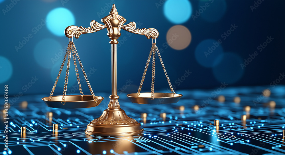 Poster digital representation of balanced scale symbolizing law and justice, set against backdrop of glowin