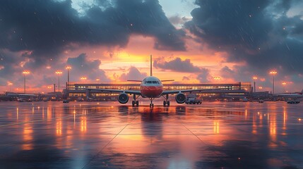 Fototapeta premium Digital airport background featuring terminal gates and airplanes parked at jet bridges illustration