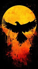 A silhouette of a bird in front of a radiant yellow circle