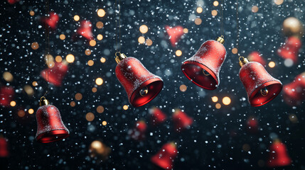 Festive red bells hang against snowy backdrop, creating joyful holiday atmosphere with sparkling lights and falling snowflakes