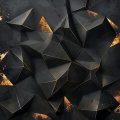 Bold luxury inspired abstract piece sharp black geometric structures intricate gold detailing golden highlights softly glow against matte black background evoking a sense of refinement and exclusivity