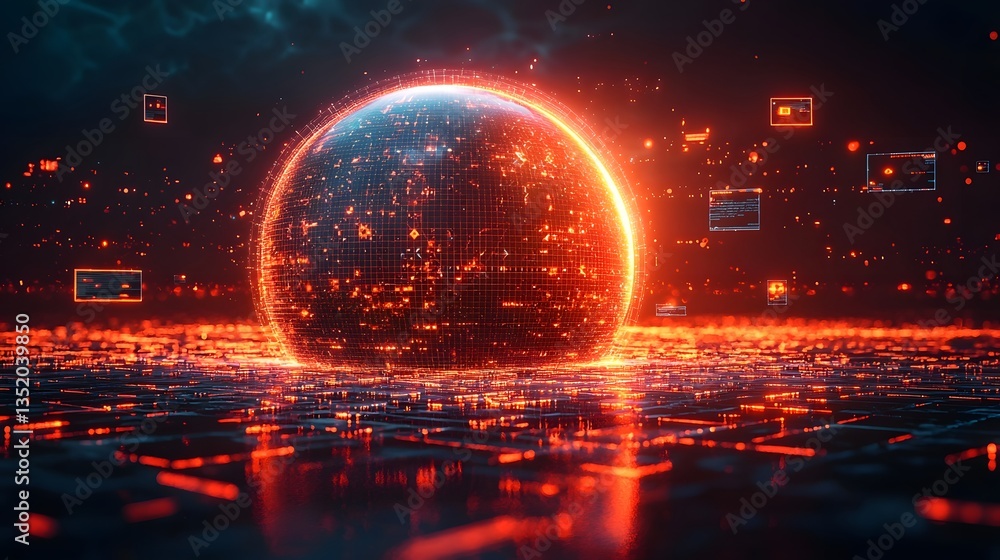 Poster glowing digital sphere representing a connected global network
