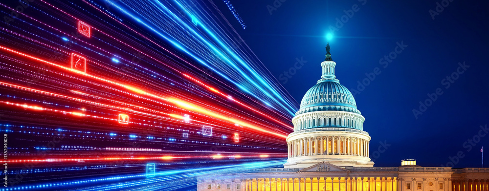 Poster image showcases grand architectural structure illuminated night, with vibrant digital data flows rep