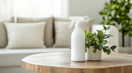 white spray bottle sits on wooden table next to small potted plant, creating fresh and clean atmosphere in cozy living room